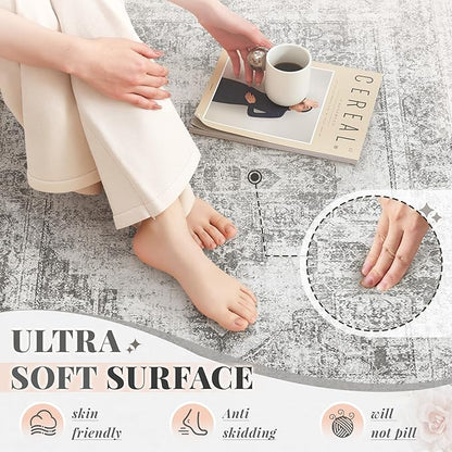 Area Rug 2x6 Runner Rugs: Washable Vintage Hallway Rug Indoor Medallion Rugs Low Pile Distressed Floor Carpet Retro Accent Rug for Kitchen Bedroom Bathroom Dining Room(Grey, 2'x6')