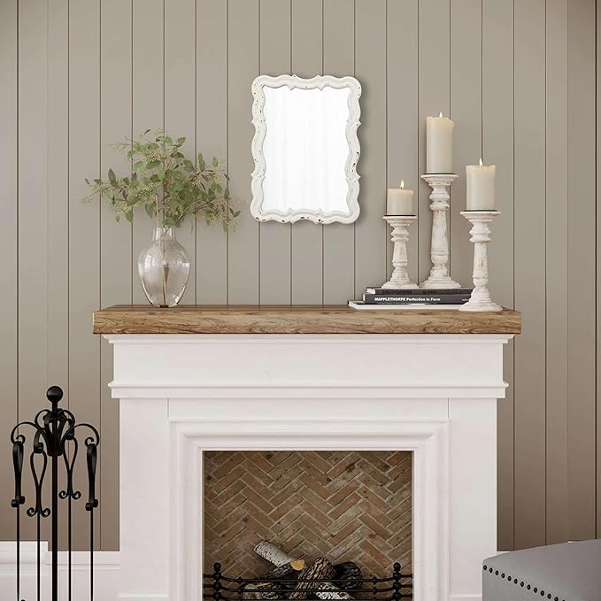 Vintage Small Scalloped Wall Mirrors Decorative 16 x 12 inch, Hanging Distressed White Sculpted Wood Bathroom Vanity Mirror, Rustic Entryway Mirror, Farmhouse Wall Mounted Mirrors
