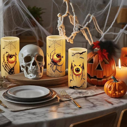 Halloween Flameless Flickering Candles Battery Operated with Timer, 3 Pack Real Wax LED Pillar Candles Spooky Bloody Eyes Spider Decals Dinner Halloween Decorations Indoor(3" D x 6" H)