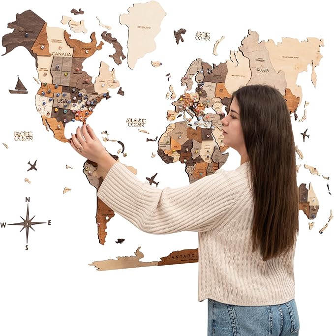 Enjoy The Wood 3D Wooden World Map Wall Art - Large Travel Map with Pins for Art Decor - Decorative Map of the World for Home, Office - Travel Wall Art Housewarming Gift Idea (Multicolor, L, Unframed)