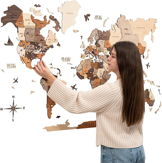 Enjoy The Wood 3D Wooden World Map Wall Art - Large Travel Map with Pins for Art Decor - Decorative Map of the World for Home, Office - Travel Wall Art Housewarming Gift Idea (Multicolor, 3XL, Unframed)