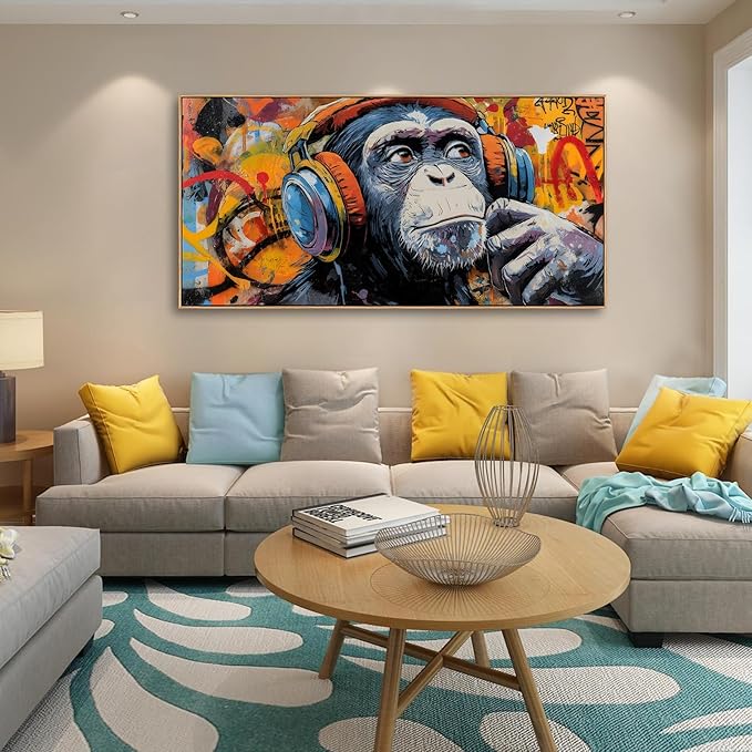 Sorbrozo Funky DJ Gorilla Street Art Print - Vibrant Graffiti Canvas Wall Art with Headphones Music Themed Decor for Boys Bedroom, Man Cave Urban Home & Office 24x48 in