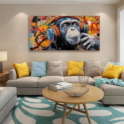 Sorbrozo Funky DJ Gorilla Street Art Print - Vibrant Graffiti Canvas Wall Art with Headphones Music Themed Decor for Boys Bedroom, Man Cave Urban Home & Office 30x58 in
