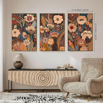 SAFERRYHOME Large Burnt Orange Floral Wall Art, 3 Pieces Boho Mid Century Modern Wildflower Framed Canvas Wall Decor, Vintage Botanical Neutral Plant Artwork Print for Living Room Bedroom Office, 24"x36"