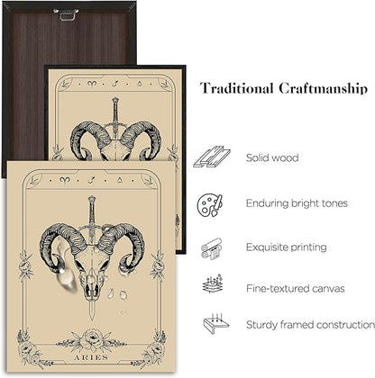 SERIMINO Witchy Framed Wall Art, Aries Tarot Canvas Prints Paintings, Horoscope Dark Academia Home Decor Aesthetic, 16x24inch Gothic Wall Decor for Room