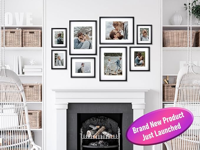 8 Pack Shadow Box Style Gallery Wall Frame Set – Deep Photo Frame Set with Mat for 8x10, 5x7 and 4x6 - Multiple Sizes Picture Frame Set for Wall Collage – Assorted Picture Frames for Wall (Black)