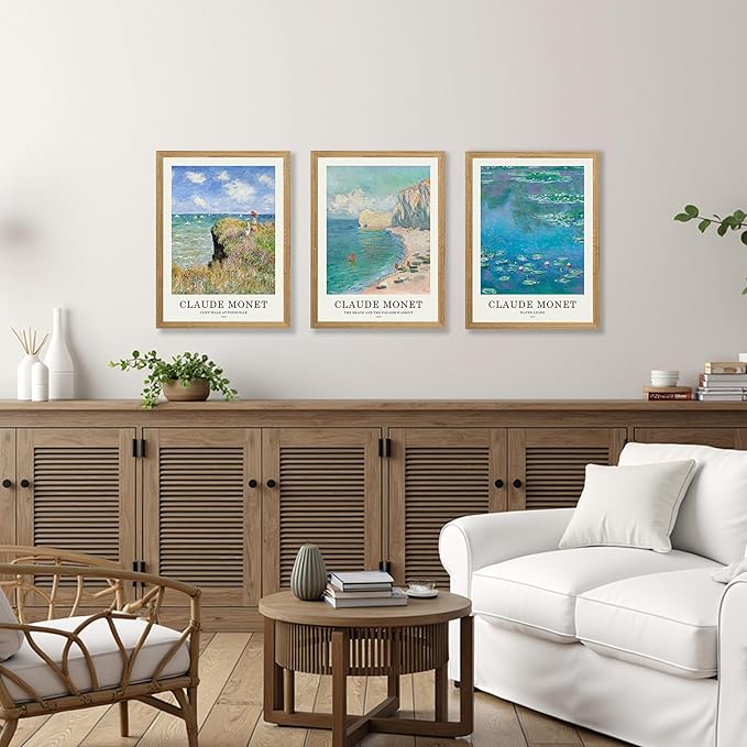 JLTULT 3 Piece Framed Vintage Claude Monet Canvas Wall Art, Impressionism Landscape Wall Decor, The Cliff Walk at Pourville Water Lilies Prints for Living Room Bedroom Office 12x16 in Easy to Hang