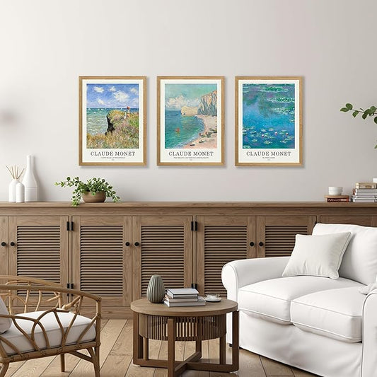 JLTULT 3 Piece Framed Vintage Claude Monet Canvas Wall Art, Impressionism Landscape Wall Decor, The Cliff Walk at Pourville Water Lilies Prints for Living Room Bedroom Office 12x16 in Easy to Hang