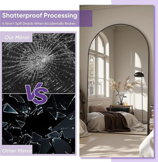 Full Length Mirror, 76"x44" Arched Floor Mirror Freestanding, Floor Standing Full Body Mirror with Stand for Bedroom, Hanging Mounted for Living Room Cloakroom, Black