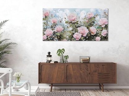 Ardemy Flower Wall Art Canvas Art Wall Decor, Floral Painting Textured Picture Living Room Pink Rose Artwork Large Framed for Bedroom Kitchen Dining Room Home Office Decor 40"x20"