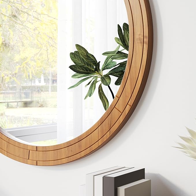 ZIYOO 30 Inch Round Wood Wall Mirror, Farmhouse Rustic Circle Mirror, Wall Mounted Decorative Mirror for Bathroom Vanity, Living Room, Entryway, Bedroom, Vanity, Hallway