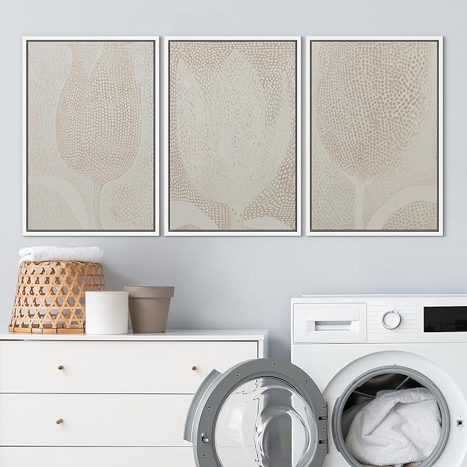 SIGNLEADER Framed Canvas Print Wall Art Set Neutral Beige Tulip Subtle Dot Pattern Illustrations Minimal Decorative Bohemian Nordic for Living Room, Bedroom, Office - 24"x36"x3 WHITE