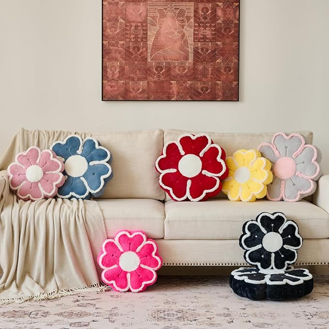 Flower Shaped Decorative Throw Pillow Cushion for Bed Couch, Cute Flower Plush Throw Pillows Home Decor Floor Pillow Seating Cushions (Black, 17.7 Inches)