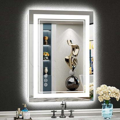 20x28 LED Bathroom Mirror with Lights, Backlit and Front Lit Anti-Fog Lighted Vanity Mirrors for Bathroom Wall, Dimmable, 3-Color Light, Memory, Shatter-Proof, HD Tempered Glass, CRI＞90