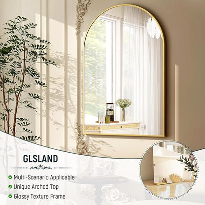 GLSLAND 20x30 inch Arch Bathroom Mirror - Arched Bathroom Mirror/Wall Mounted Vanity Mirror - Arch Metal Frame Wall Mirror for Bathroom Bedroom Living Room, Gold
