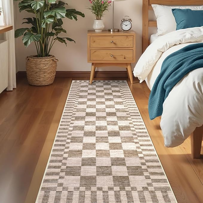 GarveeHome 2×8 Kitchen Runner Rug Non Slip,Brown Checkered Rug,Washable Runner Rug for Hallway Soft Low-Pile Geometric Checkerboard Rugs for Entryway Kitchen Dining Room