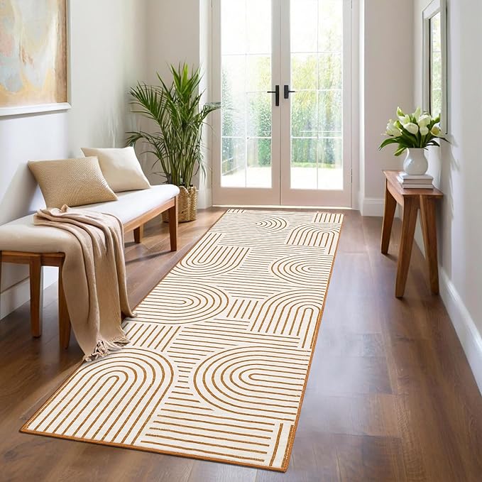 ROYHOME Modern Rug 2.5x8 Runners for Hallways, Abstract Kitchen Runner Rugs Non Slip Bath Runner, Rainbow Washable Rug for Bedroom, Soft Long Rugs for Entryway Bathroom Laundry Dorm, Orange
