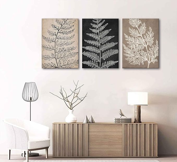 3Pcs Framed Botanical Canvas Wall Art Black Tan Fern Leaf Pictures Minimalist Paintings Nature Fern Plant Silhouette Posters Prints for Living Room Bedroom Office Farmhouse Wall Decor