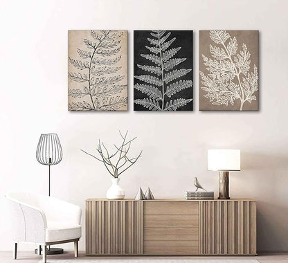 3Pcs Framed Botanical Canvas Wall Art Black Tan Fern Leaf Pictures Minimalist Paintings Nature Fern Plant Silhouette Posters Prints for Living Room Bedroom Office Farmhouse Wall Decor