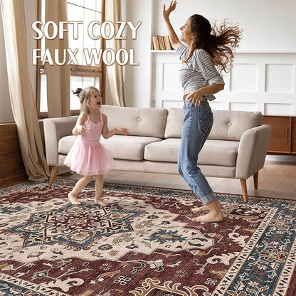 6x9 Area Rugs Living Room: Washable Boho Large Neutral Vintage Soft Rug Stain Resistant Farmhouse Non-Slip Indoor Floor Retro Carpet for Bedroom Nursery Kids Office Dining Room- Burgundy