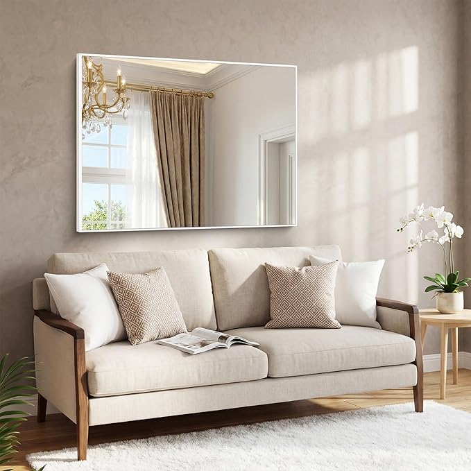 BONEWEI White Bathroom Mirror,36x48 inch Wall Mirror for Bathroom Wall Mounted,Large Rectangle Mirror for Bathroom Over Sink,Modern Metal Frame for Living Room,Bedroom Entryway,Horizontal/Vertical