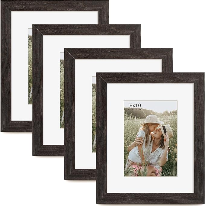 Momentworth 8x10 Picture Frame with Mat for 5x7 Set of 4, Distressed Black Wood Grain 8 x 10 Gallery Wall Picture Frames for Tabletop or Wall Mounting(4 Pack, Black)