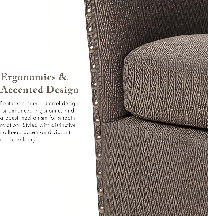 Madison Park Swivel Barrel Accent Chair, Upholstered Curved Back with 7-Inch Thick Woven Cushion, 360° Swivel, Nailhead Trim, Comfy Chair for Living Room, Bedroom, Office, 28" Wide, Chocolate, Tyler
