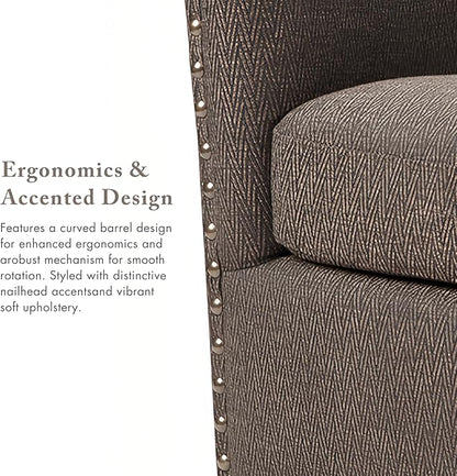 Madison Park Swivel Barrel Accent Chair, Upholstered Curved Back with 7-Inch Thick Woven Cushion, 360° Swivel, Nailhead Trim, Comfy Chair for Living Room, Bedroom, Office, 28" Wide, Chocolate, Tyler