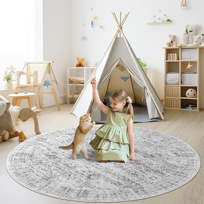 Soalmost 6x6 Grey Round Rug 6ft Living Room Circle Rug Gray Vintage Round Area Rug Non Slip Indoor Carpet for Dining Room Bedroom