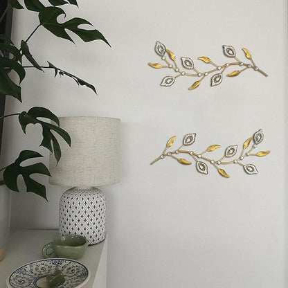 sxnzequnze 2 Sets Leaf Wall Art for Home Metal Bling Rhinestones Ready to Hang Tree Branch Leaves Olive Vine Wrought Iron Hanging Sculpture Pieces Wall Decor Pcs - 16.5in