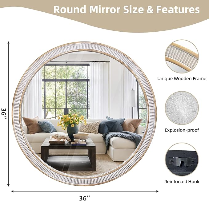 HOITUZYUS 36 Inch Round Wood Mirrors for Wall Decor, Rustic Farmhouse Circle Decorative Mirror for Bathroom, Living Room, Foyer, Entryway, Bedroom