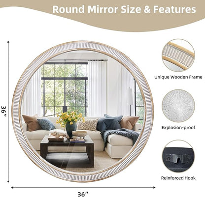 HOITUZYUS 36 Inch Round Wood Mirrors for Wall Decor, Rustic Farmhouse Circle Decorative Mirror for Bathroom, Living Room, Foyer, Entryway, Bedroom
