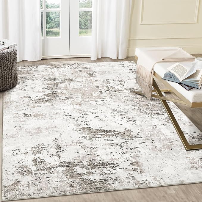 ROYHOME Living Room 8x10 Washable Modern Abstract Rug Faux Wool Accent Ultra Soft Non Slip Non Shedding Accent Rug for Bedroom Dining Room Office Home, Taupe/Beige