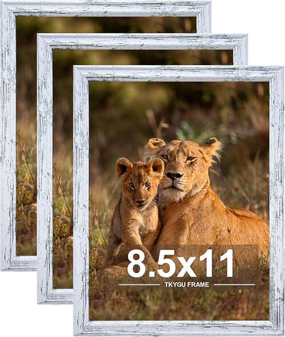 8.5x11in Picture Frame set of 3, Certificate Poster and Photo for Wall Hanging or Tabletop, 8.5x11 Rustic White frame with Shatter Resistant Plexiglass, best gift