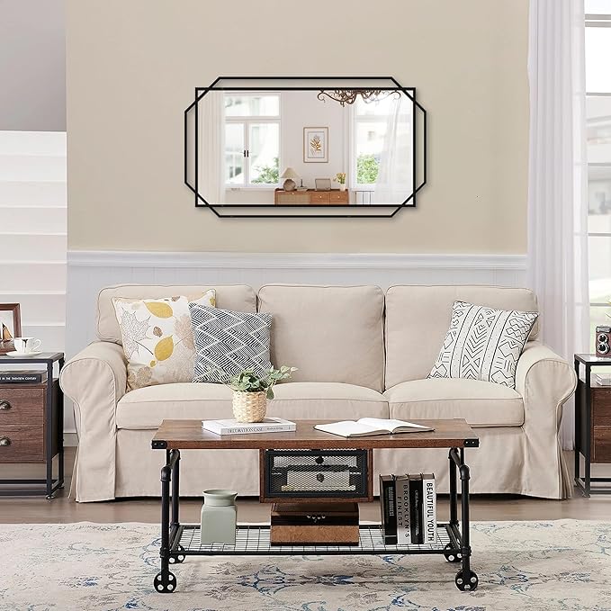 Black Bathroom Mirror with Shelf, 36" x 21" Mirror Wall Decor with Modern Art Rectangular Metal Frame for Living Room, Bedroom, Dining Room, Entryway