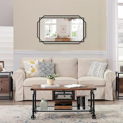 Black Bathroom Mirror with Shelf, 36" x 21" Mirror Wall Decor with Modern Art Rectangular Metal Frame for Living Room, Bedroom, Dining Room, Entryway