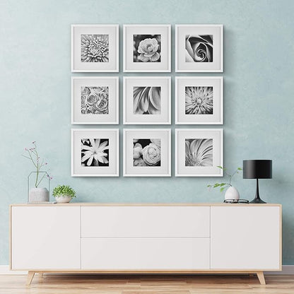 Gallery Perfect 12x12 Picture Frames, 9 Piece Set with Real Glass Cover for 8x8 Photos With Mat, Picture Frames Collage Wall Decor for Gallery Wall, Home Decor, White