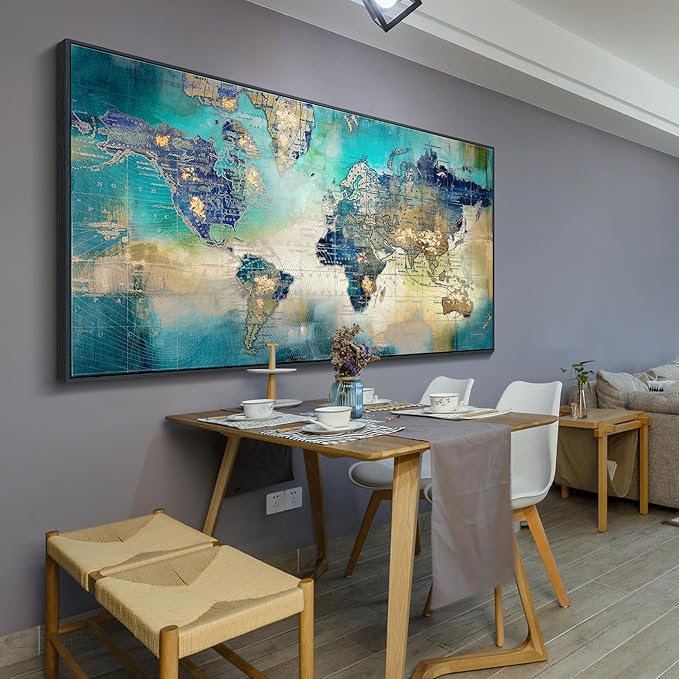 Pogusmavi World Map Canvas Art - Abstract Wall Art for Office & Living Room, Green, 30x60 Black Framed