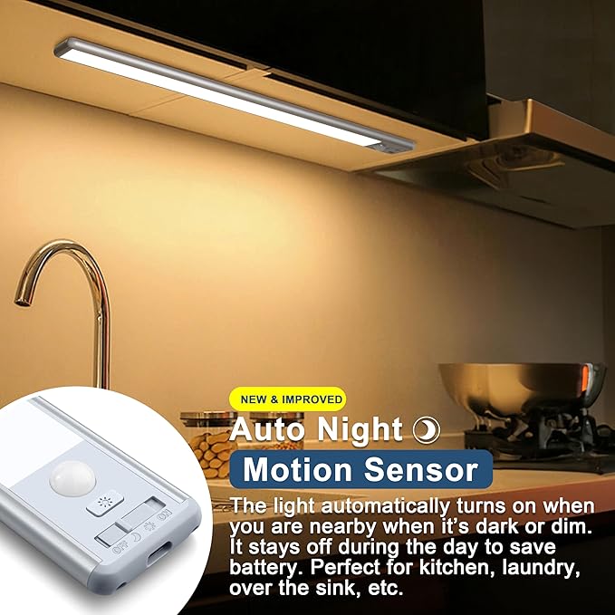 Reoshine 63 LED Closet Lights Motion Sensored, 2500mAh Rechargeable Under Cabinet Lighting, Dimmable & Magnetic Light Bar for Kitchen Cabinets, Hallways (2 Pack)