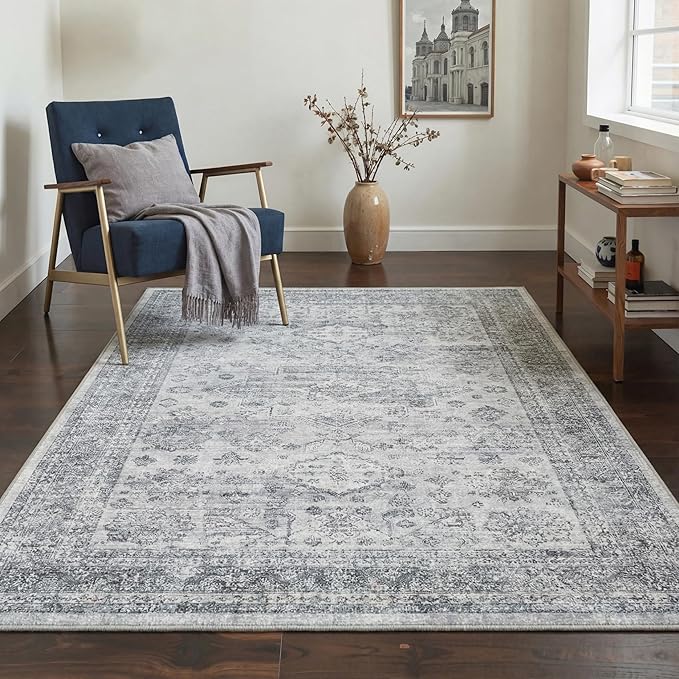 GENIMO 8x10 Area Rugs for Living Room, Machine Washable Non Slip Vintage Rugs, Low Pile Lightweight Chenille Print Rug for Bedroom, Dining Room, Home Office, Grey