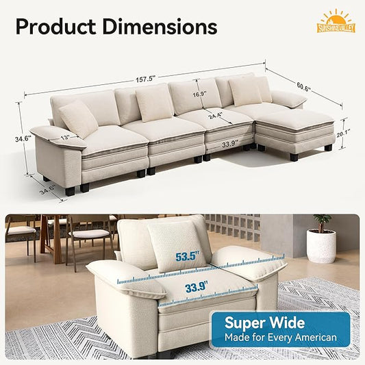 SUNSHINE VALLEY L Shaped Modular Cloud Couch, 157.5'' Oversized Chenille Sectional Sofa with Wider Armrest and Ottoman, Upholstered 5-Seat Modern Deep Seat for Bedroom Living Room, Beige