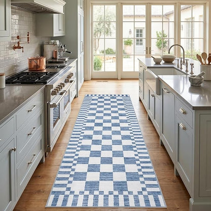 GarveeHome 2×6 Kitchen Runner Rug Non Slip,Dark Blue Checkered Rug,Washable Runner Rug for Hallway Soft Low-Pile Geometric Checkerboard Rugs for Entryway Kitchen Dining Room
