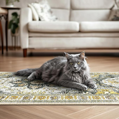 BESTSWEETIE 2x8 Area Rug Washable Rugs for Living Room, No Pile Boho Carpet for Entryway Bedroom Dinning Room, Vintage Carpet Print Distressed Non-Slip, 2 x 8 ft, Grey Brown