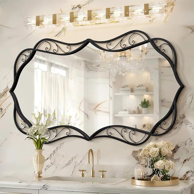 Besdomus Black Bathroom Wall Mirror: 24"x48" Scalloped Modern Large Vanity Mirror for Wall - Farmhouse Decorative Vertical or Horizontal Hanging - Wall Decor for Living Room/Entryway/Bathroom/Bedroom
