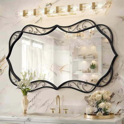 Besdomus Black Bathroom Wall Mirror: 24"x48" Scalloped Modern Large Vanity Mirror for Wall - Farmhouse Decorative Vertical or Horizontal Hanging - Wall Decor for Living Room/Entryway/Bathroom/Bedroom