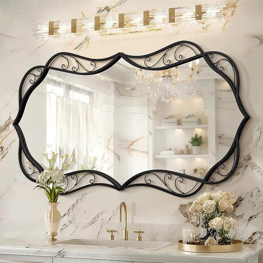 Besdomus Black Bathroom Wall Mirror: 24"x48" Scalloped Modern Large Vanity Mirror for Wall - Farmhouse Decorative Vertical or Horizontal Hanging - Wall Decor for Living Room/Entryway/Bathroom/Bedroom