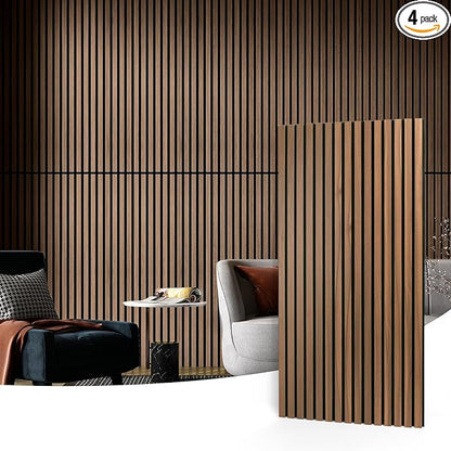 Art3d 4 Pack 47.2 x 23.6in. Wood Slat Acoustic Panels for Wall and Ceiling - 3D Fluted Sound Absorbing Panel with Wood Finish - Walnut