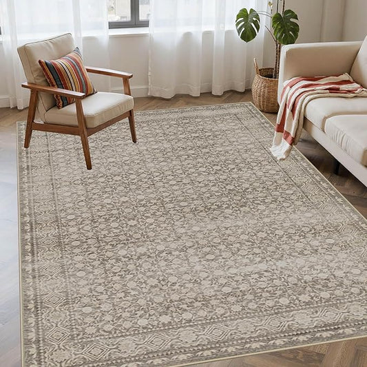 Rugxara Washable Area Rug for Living Room, Vintage Boho Rugs for Office, Dining Room, Kids Room, Farmhouse, Durable Low Pile Non Slip Carpet for High Traffic Areas, Apricot/Beige(4x6 ft)