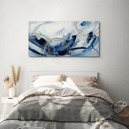 yiijeah Large Canvas Wall Art for Living Room - Blue and White Abstract Picture Framed Artwork for Walls Bohemian Minimalism Prints Paintsings Wall Decor for Office Bedroom 48x24 Inches
