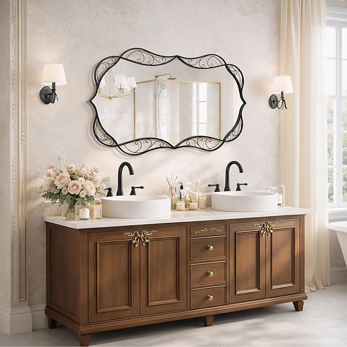 Besdomus Bathroom Black Wall Mirror: 30"x48" Scalloped Modern Large Wall Mounted Vanity Mirror - Farmhouse Decorative Vertical or Horizontal Hanging - Home Decor for Bathroom/Hallway/Fireplace/Bedroom